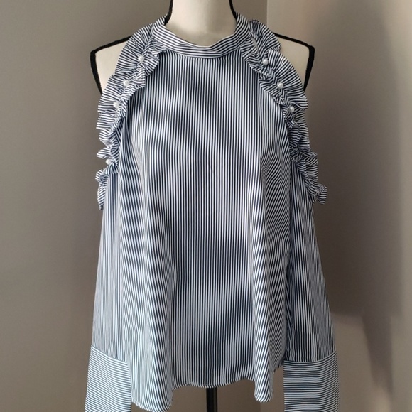 Striped Ruffle Cold Shoulder Blouse - Picture 1 of 8